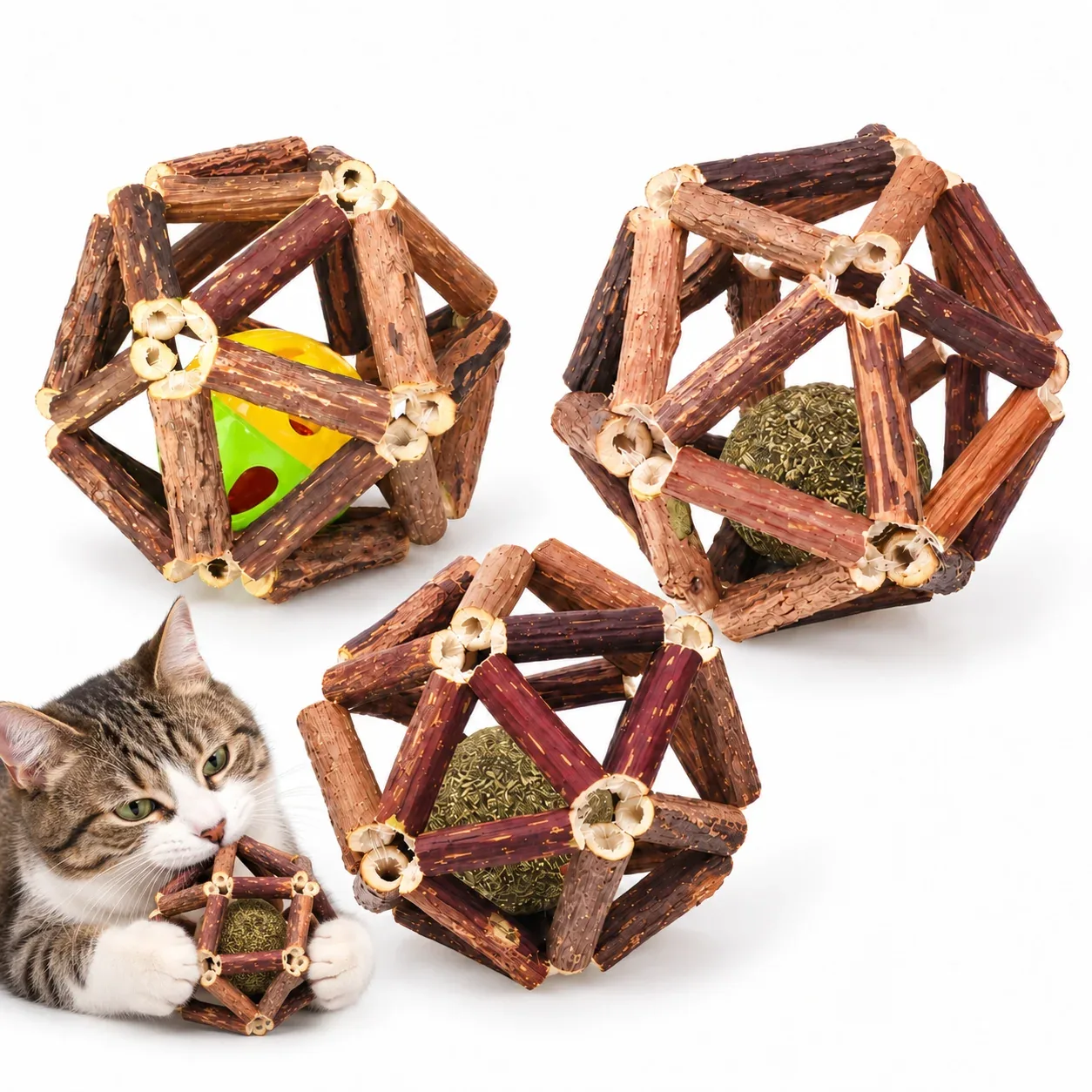 3-Piece Silvervine Cat Toy Ball Set with Catnip Cores & Bell Ball
