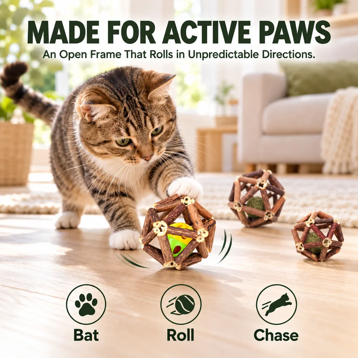 3-Piece Silvervine Cat Toy Ball Set with Catnip Cores & Bell Ball - Image 2