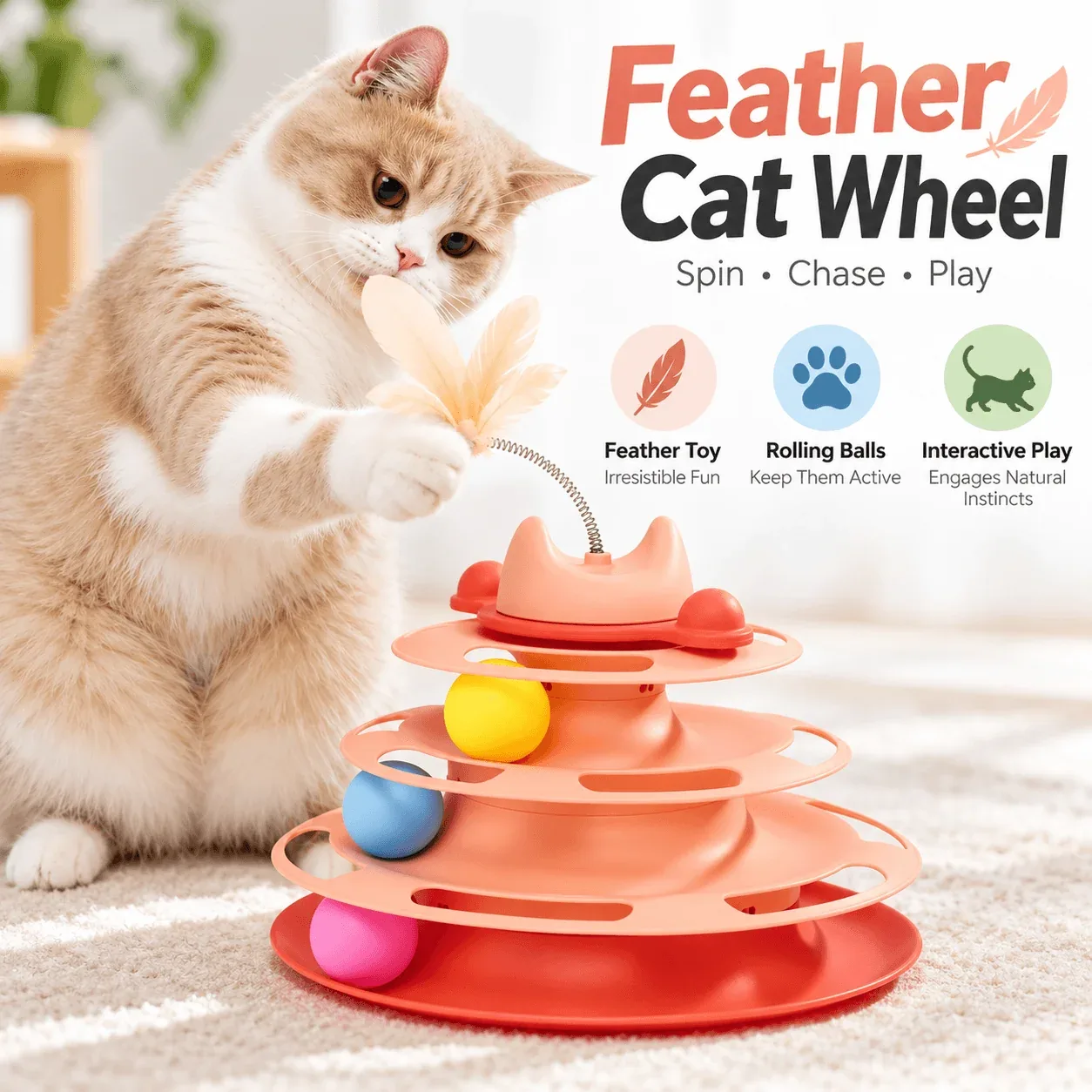 3-Tier Cat Ball Track Toy with Feather Teaser - Image 2