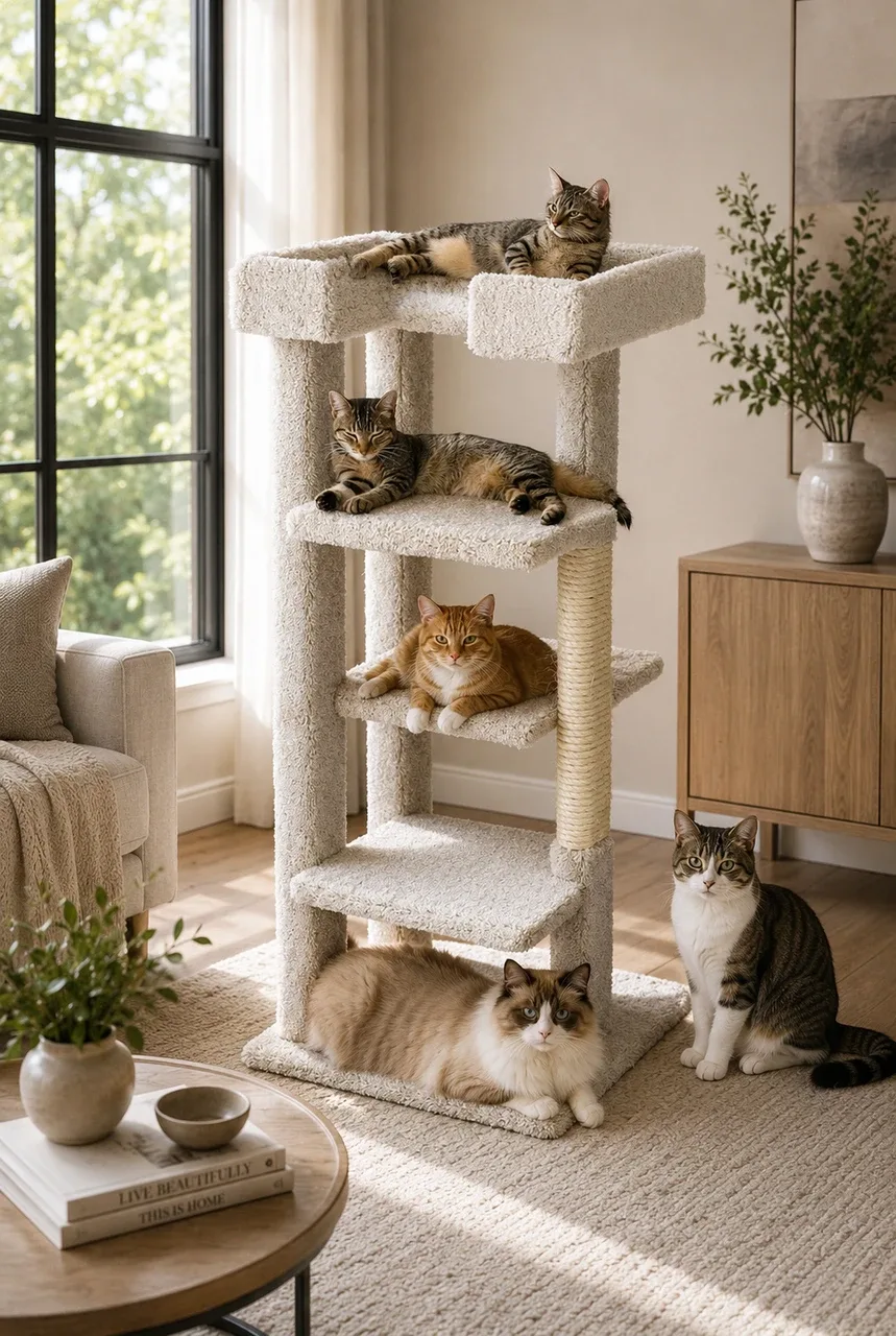 4-Level Cat Tree for Large Cats – Fully Assembled Solid Wood Tower