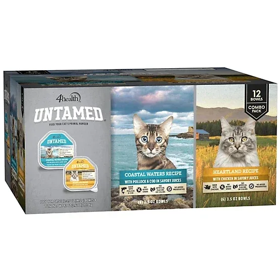 4health Untamed All Life Stages Grain- and Preservative-Free Pollock, Cod and Chicken Wet Cat Food, 3.5 oz., Pack of 12 Bowls