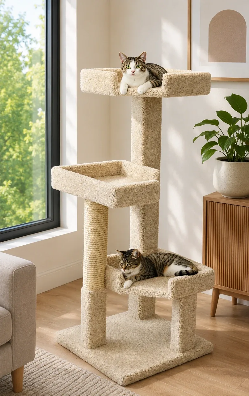 51” Solid Wood Cat Tree for Large Cats – Stable Mid-Height Cat Tower