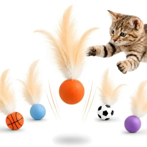 6 Pack Bouncy Cat Feather Ball Toys – Interactive Silicone Cat Balls for Indoor Cats