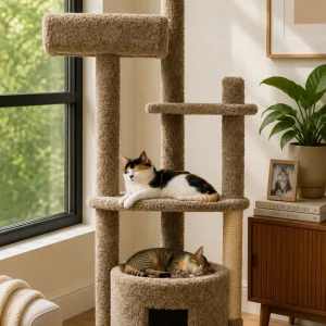 64" Cat Tower for Large Cats with Enclosed House – Solid Wood Multi-Level Cat Tree (USA Made)