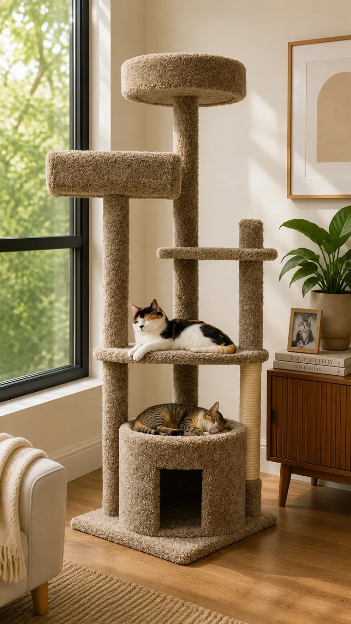 64" Cat Tower for Large Cats with Enclosed House – Solid Wood Multi-Level Cat Tree (USA Made)