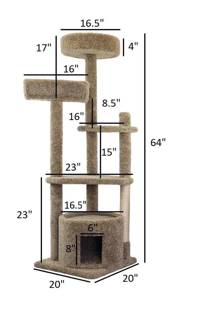 64" Cat Tower for Large Cats with Enclosed House – Solid Wood Multi-Level Cat Tree (USA Made) - Image 2