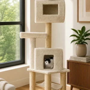 66" Cat Tower Condo for Large Cats & Multi-Cat Homes | Solid Wood, Multi-Level Design