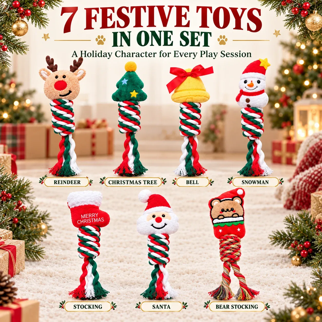 7-Piece Christmas Dog Toy Set – Festive Plush & Cotton Rope Toys for Chewing, Tugging & Fetch - Image 2