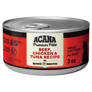 ACANA Premium Pate Wet Cat Food in Bone Broth Beef Chicken + Tuna Recipe 3oz Cans