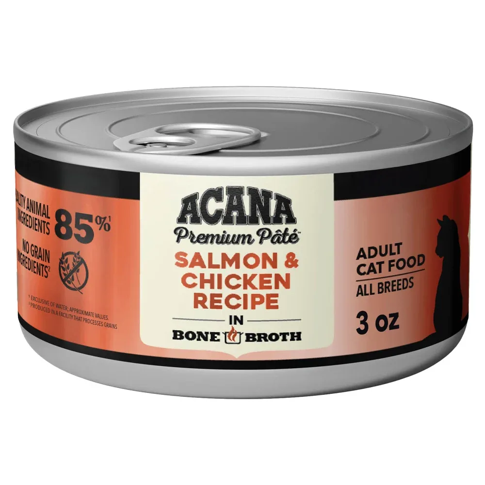 ACANA Premium Pate Wet Cat Food in Bone Broth Salmon + Chicken Recipe 3oz Cans
