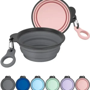 AONKEY 2 Pack Collapsible Dog Bowls with Bottle Carrier | Foldable Silicone Travel Bowls for Dogs | Small 15oz & Large 37oz