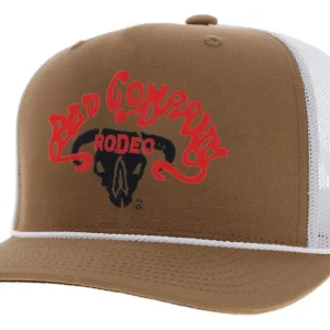 Bad Company Tan / White 5-Panel Trucker with Black / Red Embroidery Logo
