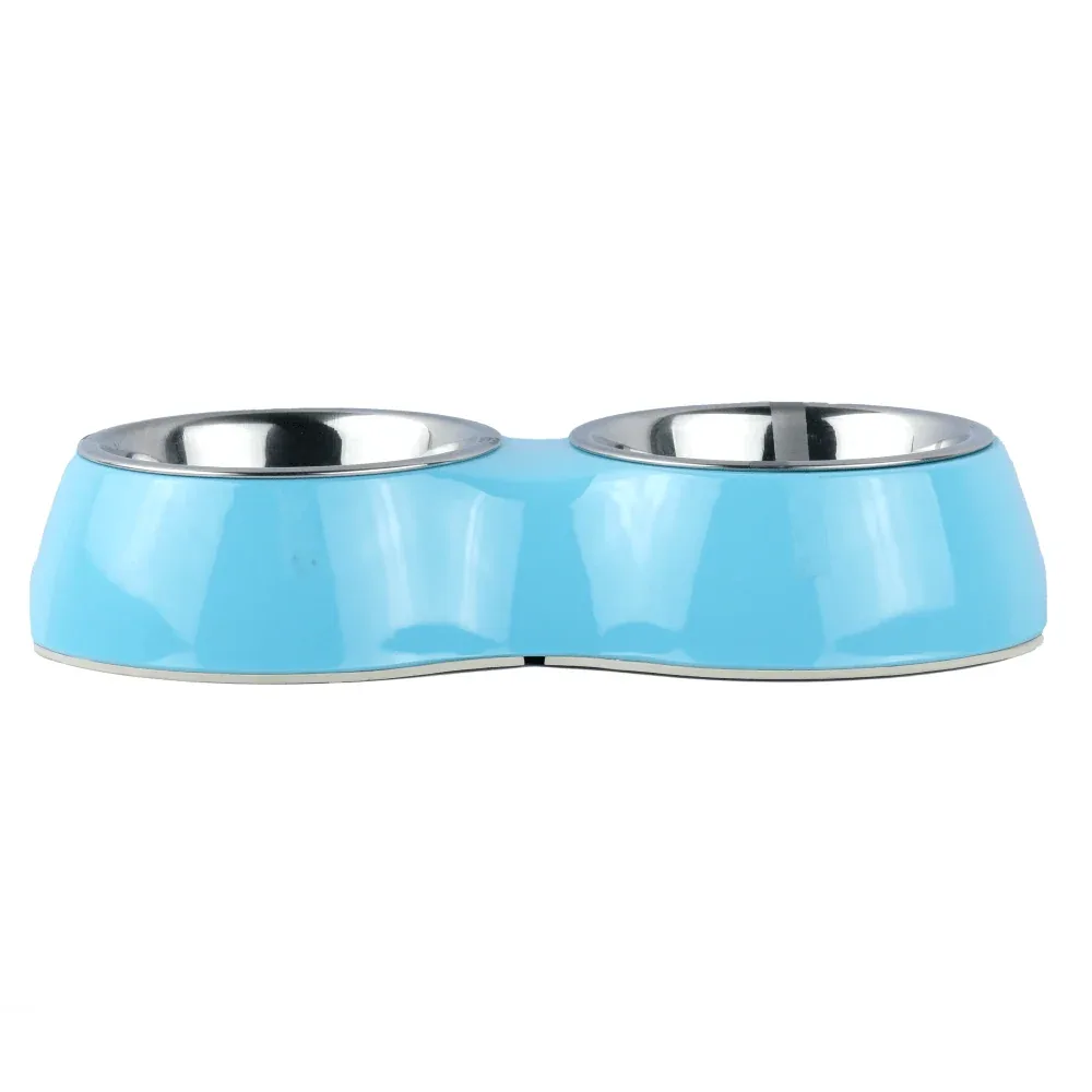 Basil Double Melamine Bowl Dinner Set for Dogs and Cats (Blue) - Image 2