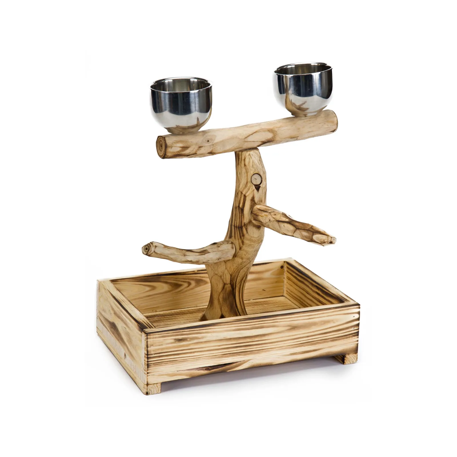 Bird Life™ Natural Wood Tree Perch for Small & Medium Birds with Stainless Steel Cups - Image 2