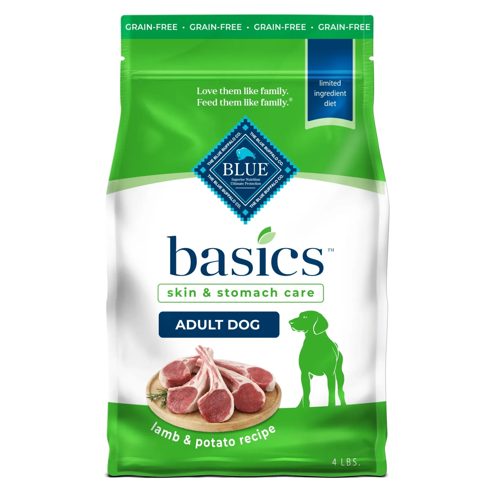 Blue Buffalo Basics Adult Grain-Free Dry Dog Food for Skin & Stomach Care, Limited Ingredient Diet, Made in the USA with Natural Ingredients, Lamb & Potato Recipe, 4-lb Bag
