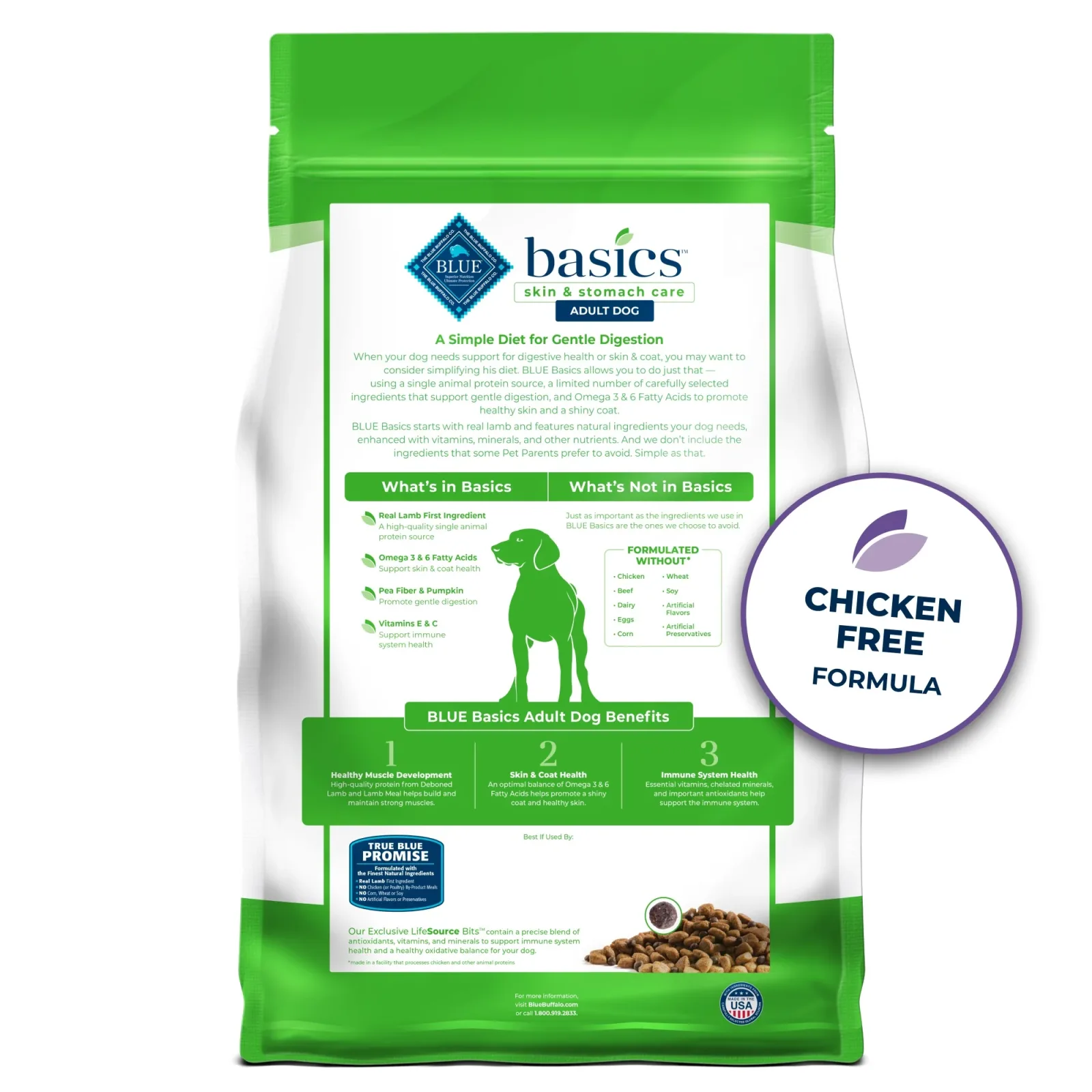 Blue Buffalo Basics Adult Grain-Free Dry Dog Food for Skin & Stomach Care, Limited Ingredient Diet, Made in the USA with Natural Ingredients, Lamb & Potato Recipe, 4-lb Bag - Image 2