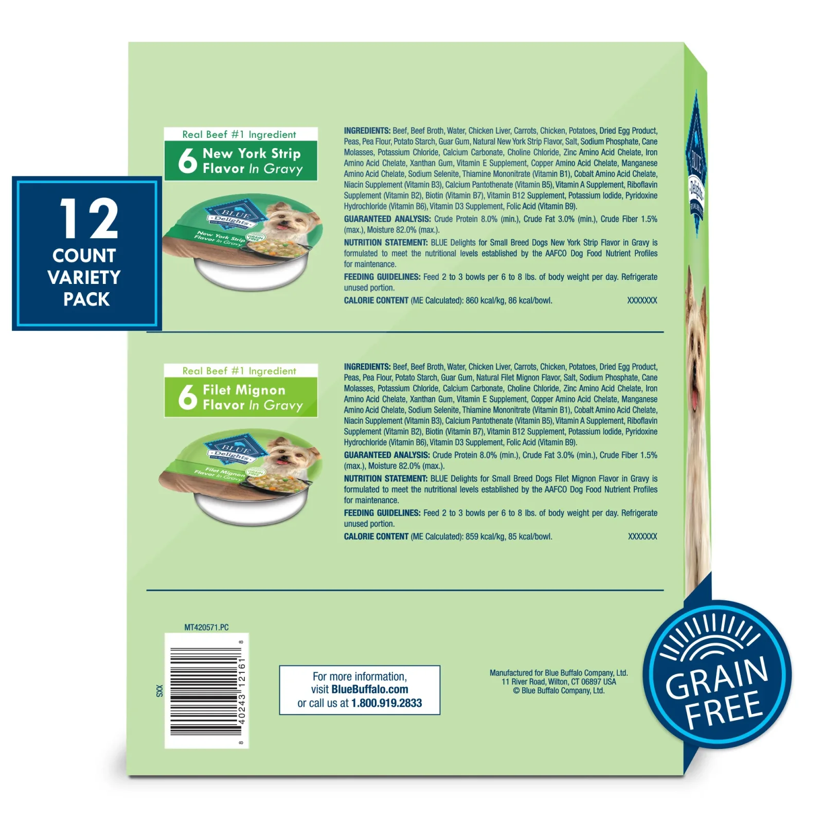 Blue Buffalo Delights Natural Adult Small Breed Wet Dog Food, Variety Pack, Made with Natural Ingredients, Filet Mignon & New York Strip Recipe in Hearty Gravy, 3.5-oz Cups (12 Count, 6 of Each) - Image 2