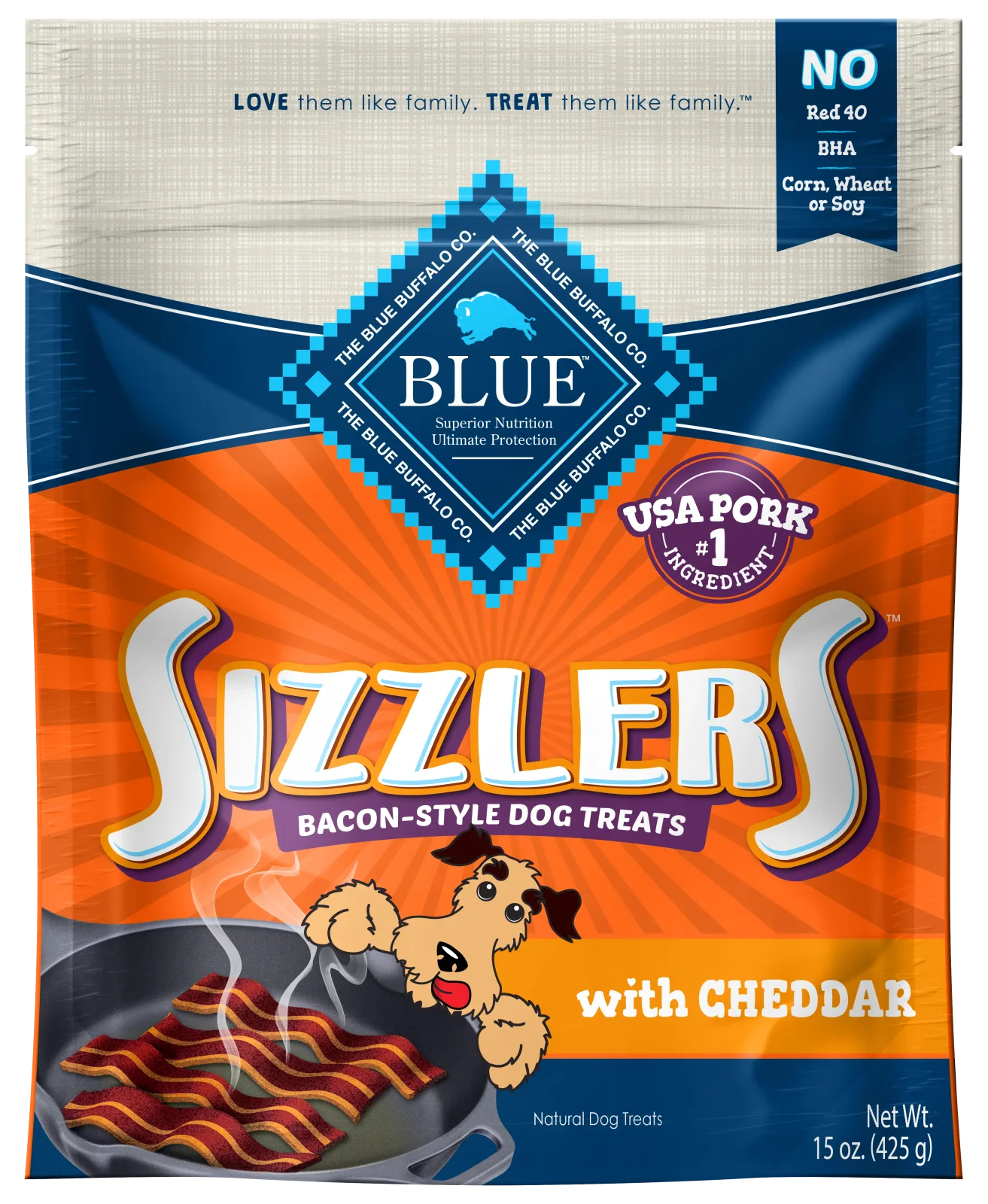 Blue Buffalo Sizzlers Natural Bacon-Style Soft-Moist Dog Treats, Cheddar Pork 15 oz. Bag