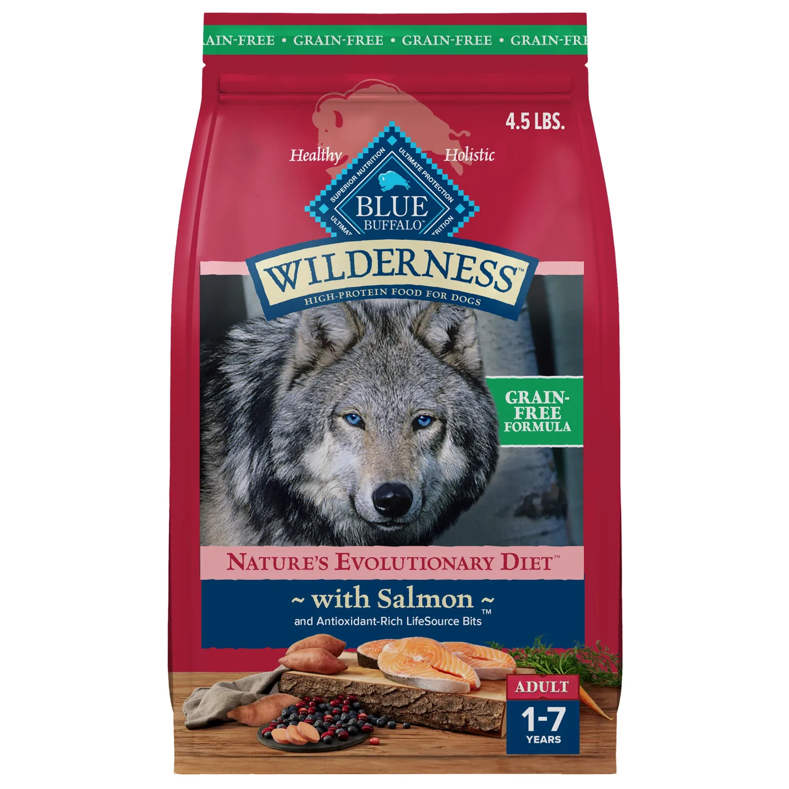 Blue Buffalo Wilderness Adult High-Protein Dry Dog Food with Real Salmon, Grain-Free, Made in the USA with Natural Ingredients, Salmon, 4.5-lb Bag