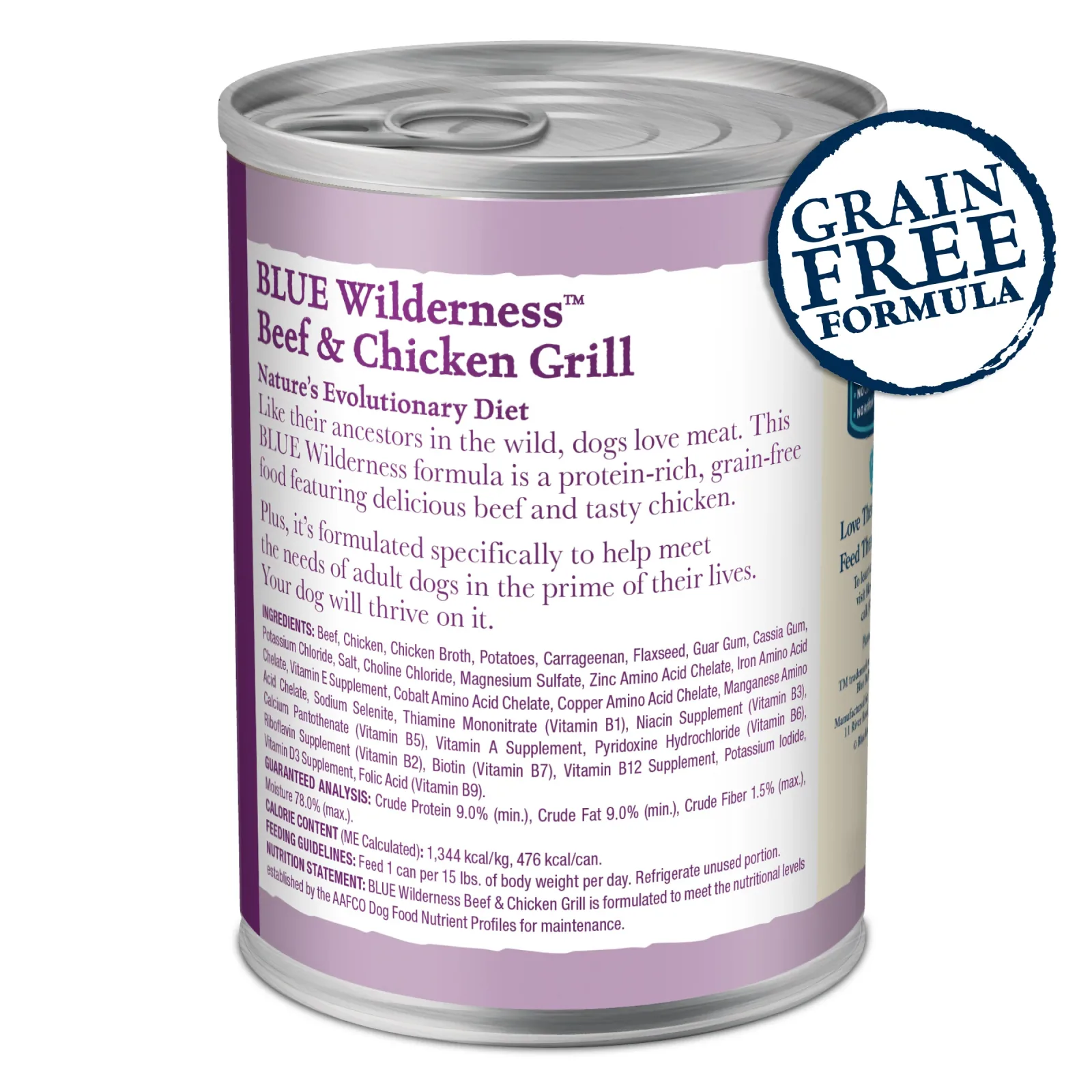 Blue Buffalo Wilderness Adult Wet Dog Food, High-Protein & Grain-Free, Made with Natural Ingredients, Beef & Chicken Grill, 12.5-oz. Can - Image 2