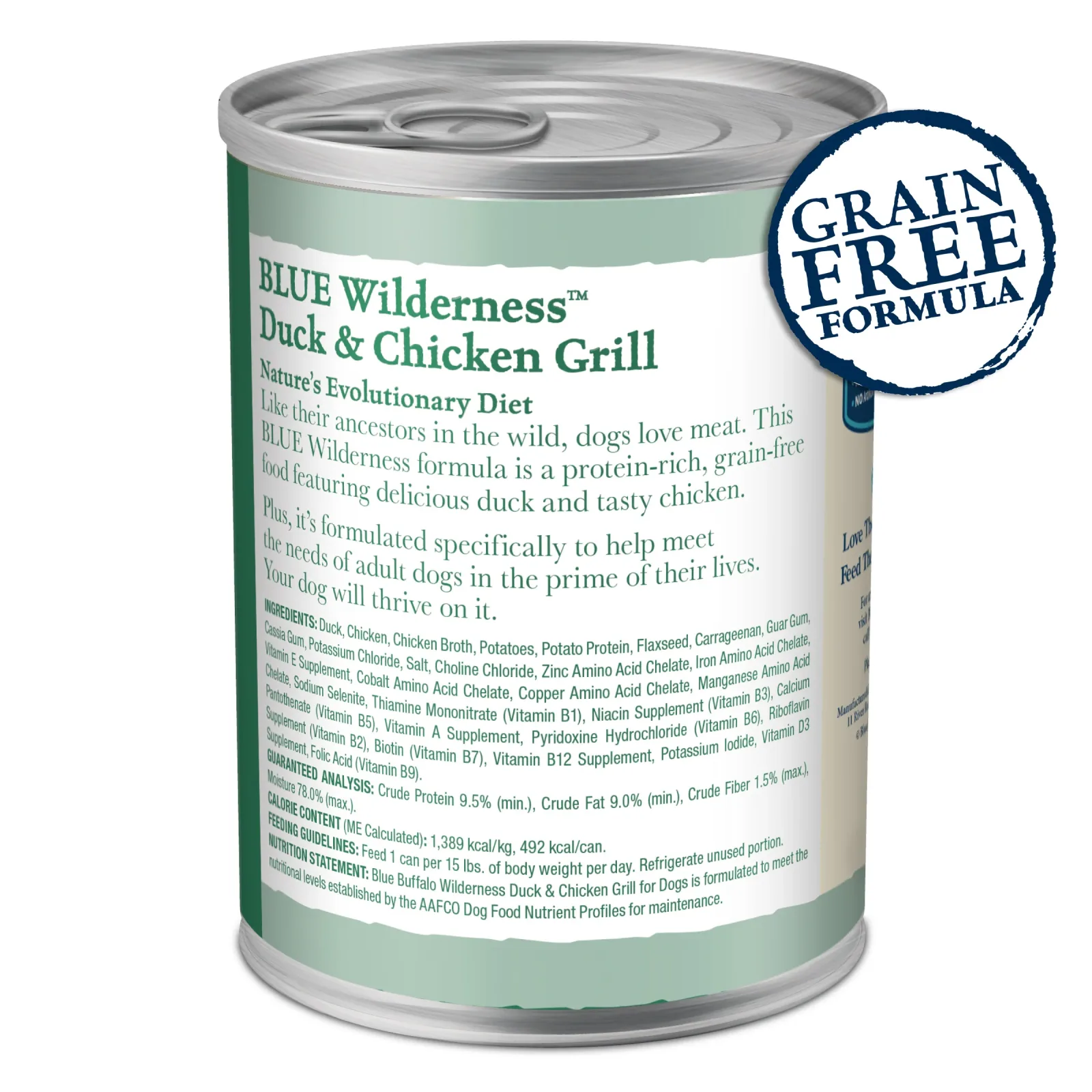Blue Buffalo Wilderness Adult Wet Dog Food, High-Protein & Grain-Free, Made with Natural Ingredients, Duck & Chicken Grill, 12.5-oz. Can - Image 2