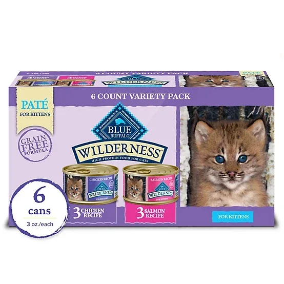 Blue Buffalo Wilderness Kitten Grain-Free Chicken/Salmon Pate Wet Cat Food Variety pk., 3 oz. Can, pk. of 6