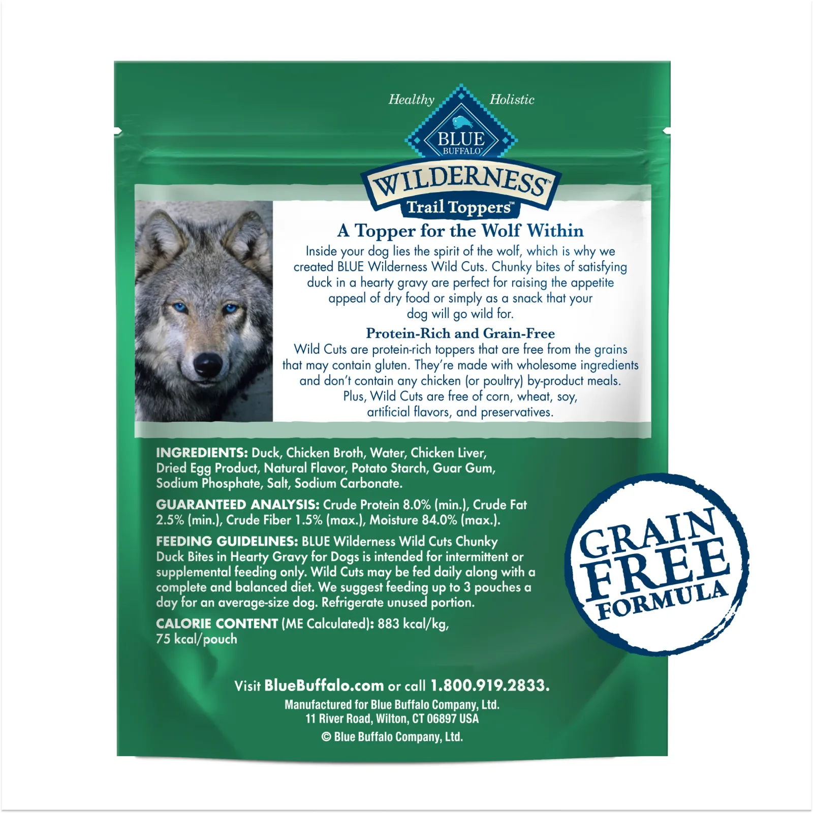 Blue Buffalo Wilderness Trail Toppers Wild Cuts Natural High-Protein Dog Wet Food, Duck Bites in Hearty Gravy, 3-oz Pouch - Image 2