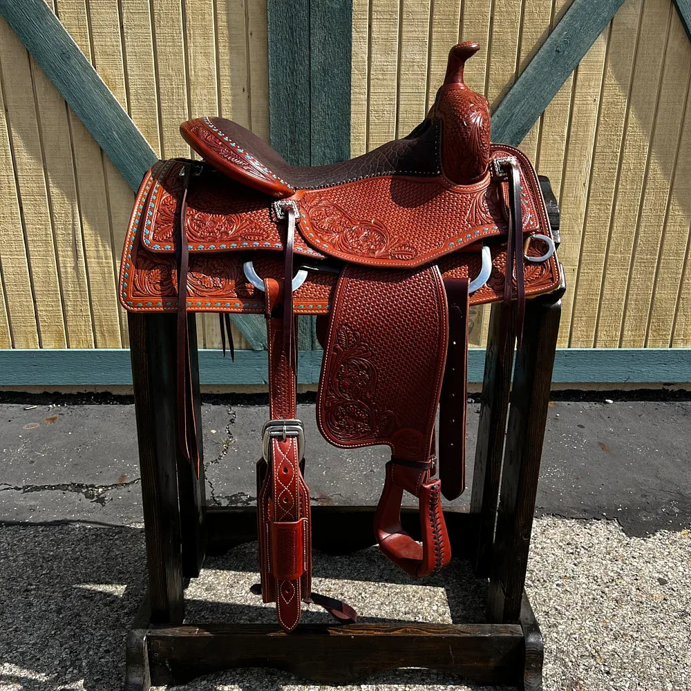 Bob`S Custom Saddles 16.5in Wld Rose Turqouise Buckstitch Reining Saddle - Image 2