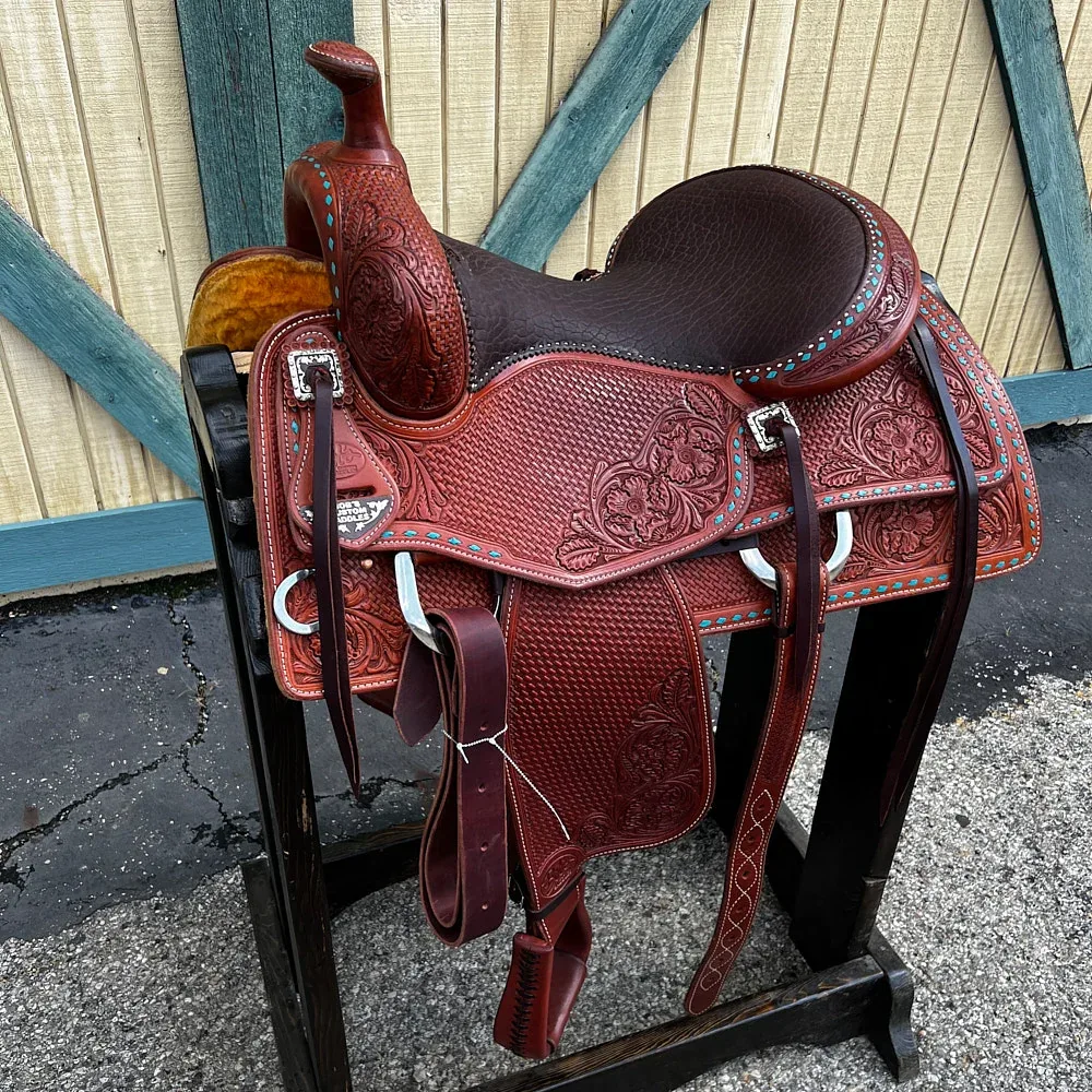 Bob`S Custom Saddles 16.5in Wld Rose Turqouise Buckstitch Reining Saddle