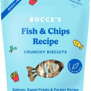 Bocce's Bakery Fish & Chips Treats for Dogs - Special Edition Wheat-Free Dog Treats, Made with Real Ingredients, Baked in The USA, All-Natural Salmon & Sweet Potato Biscuits, 5 oz