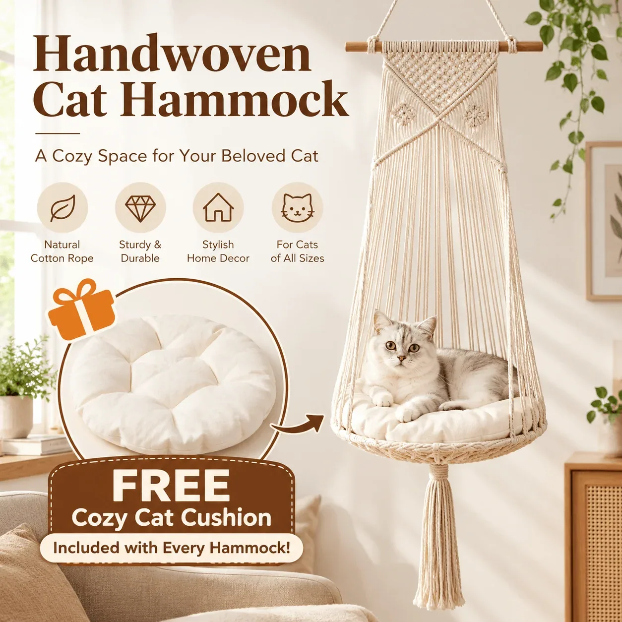 Boho Macrame Cat Hammock – Handwoven Hanging Cat Bed with Free Cushion - Image 2