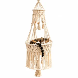 Boho Macrame Cat Hammock – Handwoven Hanging Cat Bed with Free Cushion