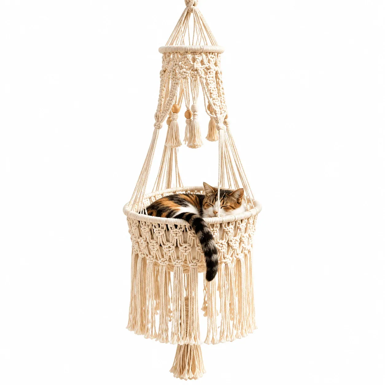 Boho Macrame Cat Hammock – Handwoven Hanging Cat Bed with Free Cushion