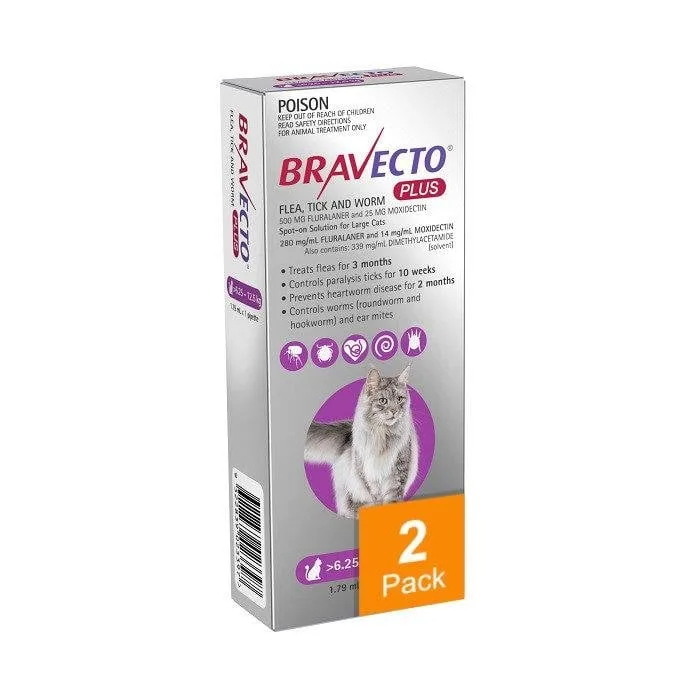 Bravecto Plus for Large Cats 13.8-27.5 lbs (6.25-12.5 kg) - 2 Pack - Image 2