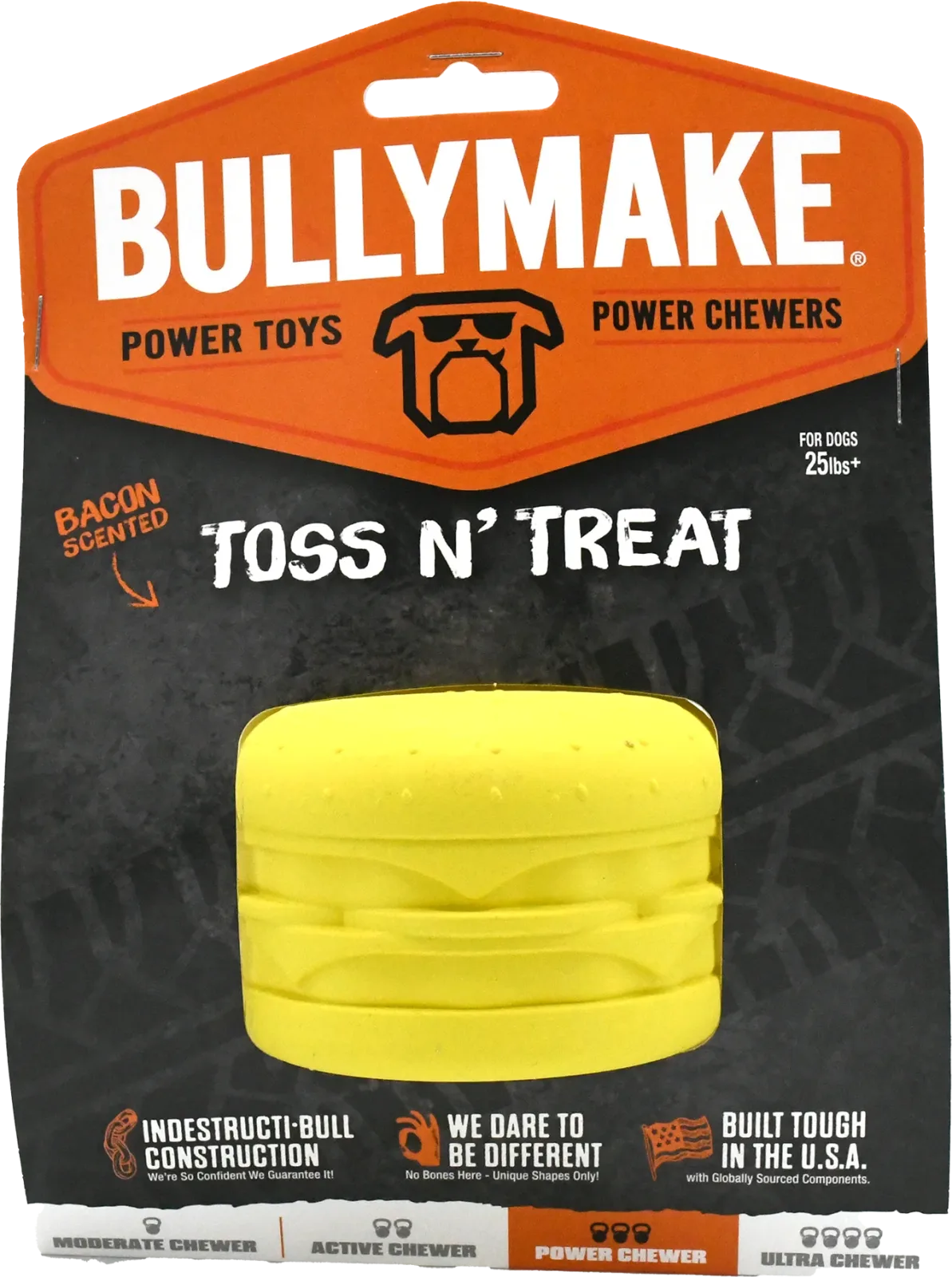 BullyMake Toss n' Treat Flavored Dog Chew Toy Cheeseburger Bacon