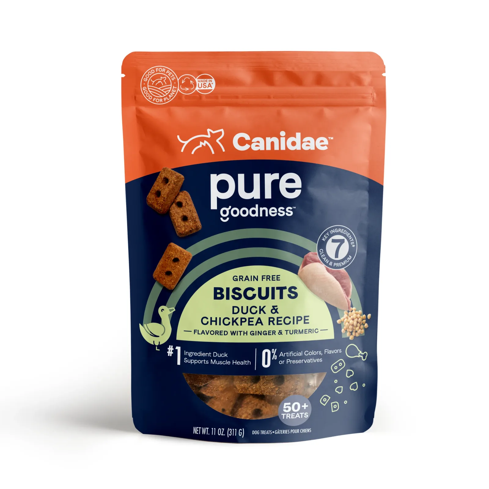 CANIDAE PURE Goodness Grain-Free Biscuit Dog Treats Duck & Chickpeas 11 oz