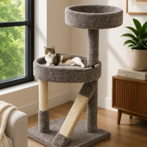 Cat Scratching Tree with Angled & Vertical Posts | Compact Solid Wood Cat Tower