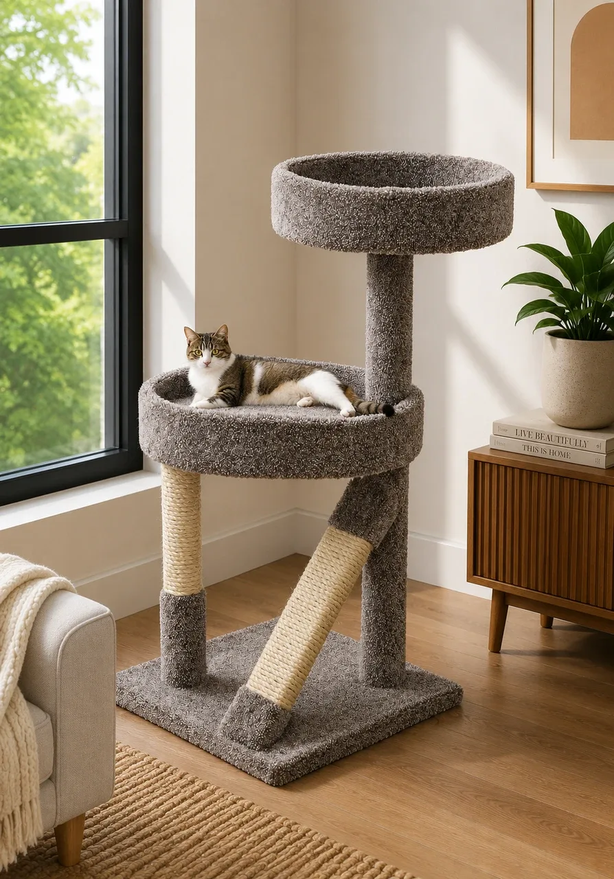 Cat Scratching Tree with Angled & Vertical Posts | Compact Solid Wood Cat Tower