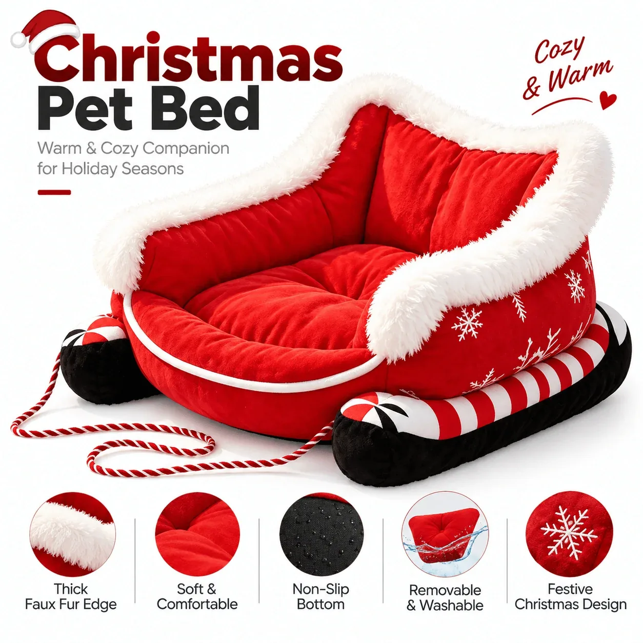 Christmas Sleigh Pet Bed for Dogs & Cats - Image 2