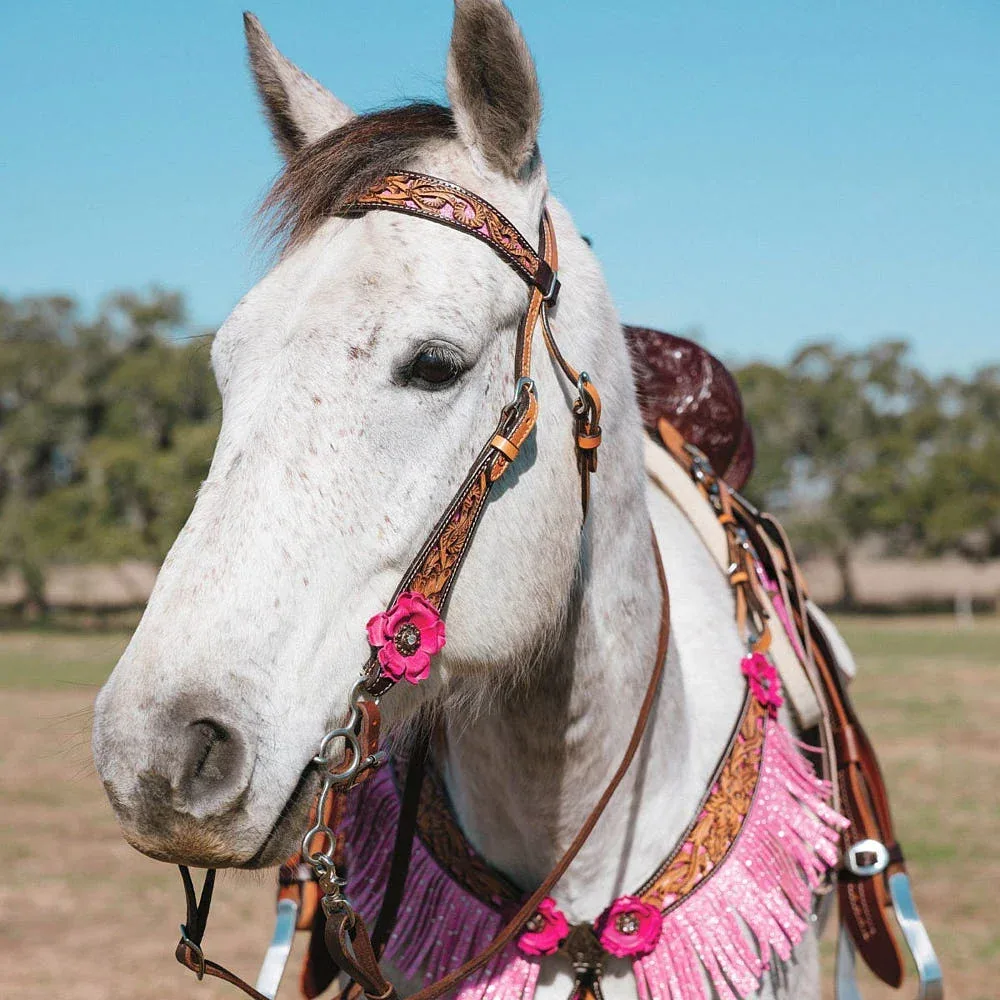 Circle Y Saddlery Malibu Pink Floral Filigree Single Ear Headstall - Image 2