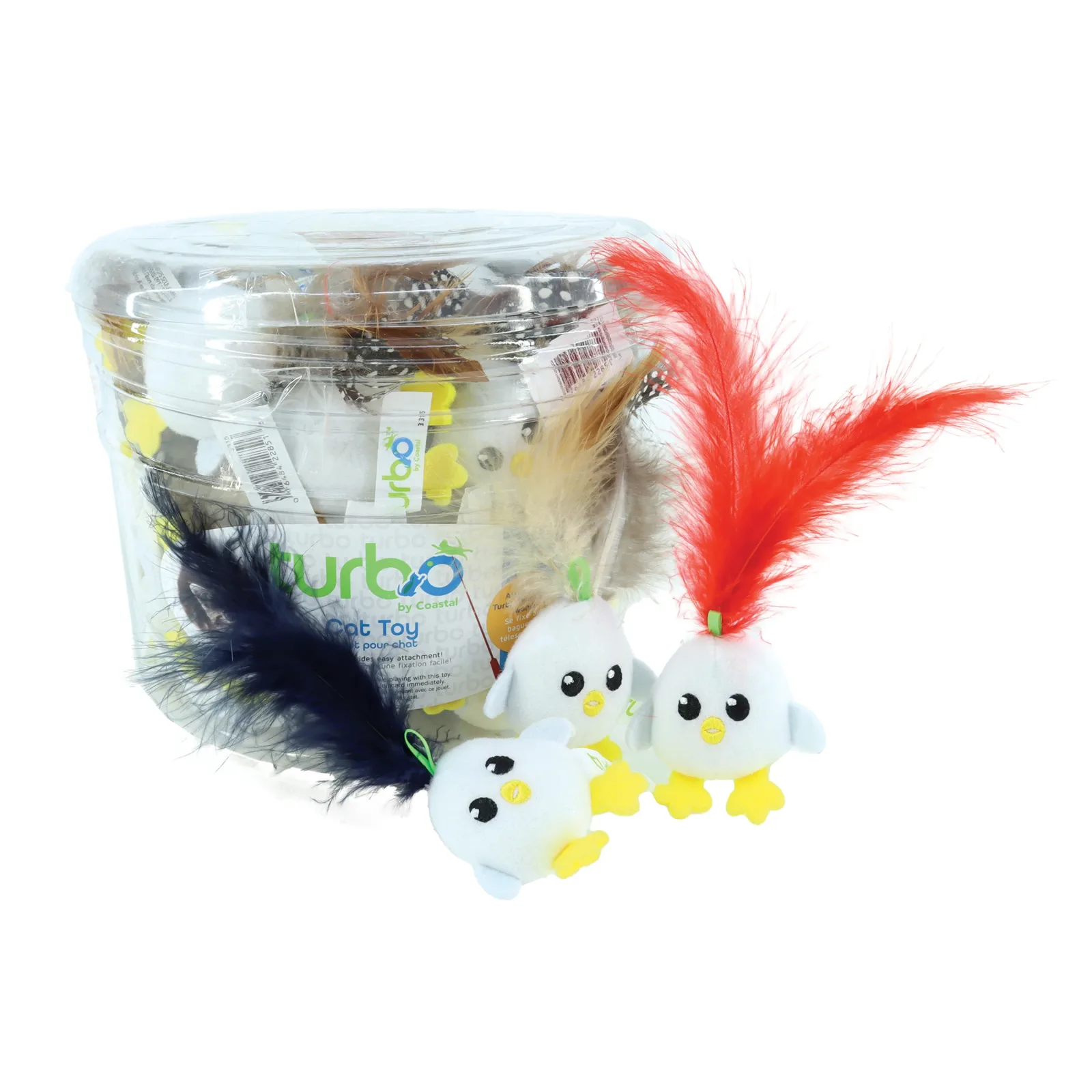Coastal Turbo Cat Toy Bin with Lime Loop Egg w/Feathers White, Red, Blue, Brown, Yellow 48 pk
