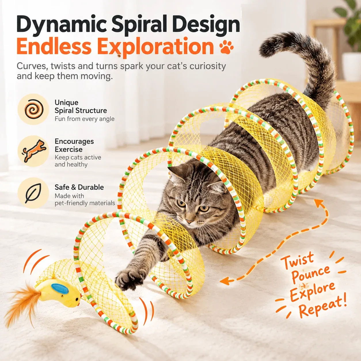 Collapsible Spiral Cat Tunnel Toy with Feathers & Bells - Image 2