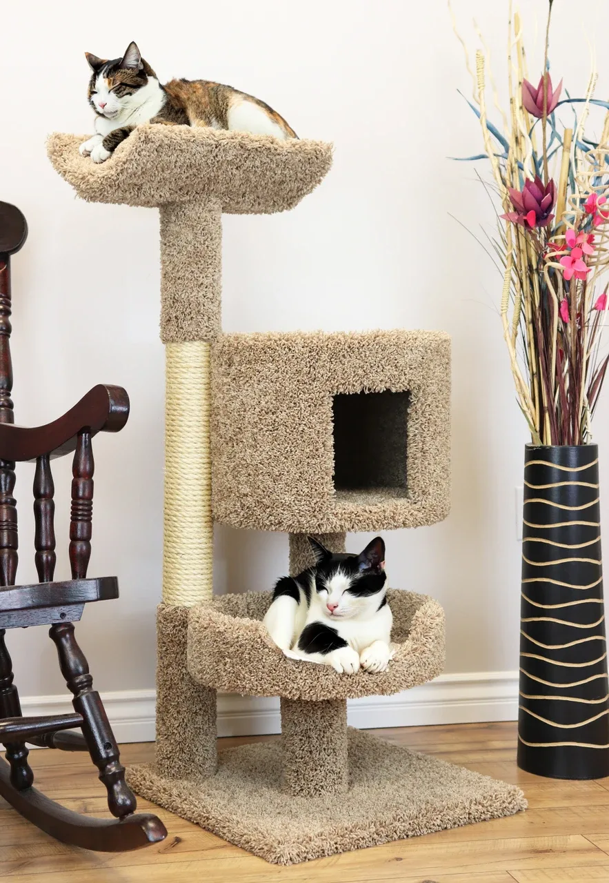 Compact Cat Condo | Solid Wood Cat Tree with Cave & Hammock
