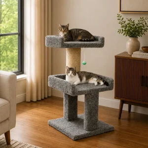 Compact Cat Perch with Scratching Post | Solid Wood Everyday Cat Lounger