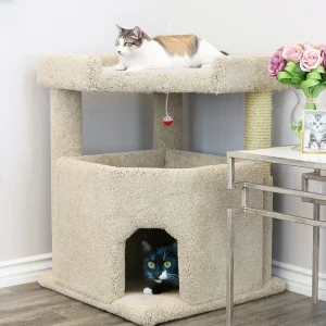 Corner Cat Tree House for Large Cats – Solid Wood Condo Mansion (Fully Assembled)