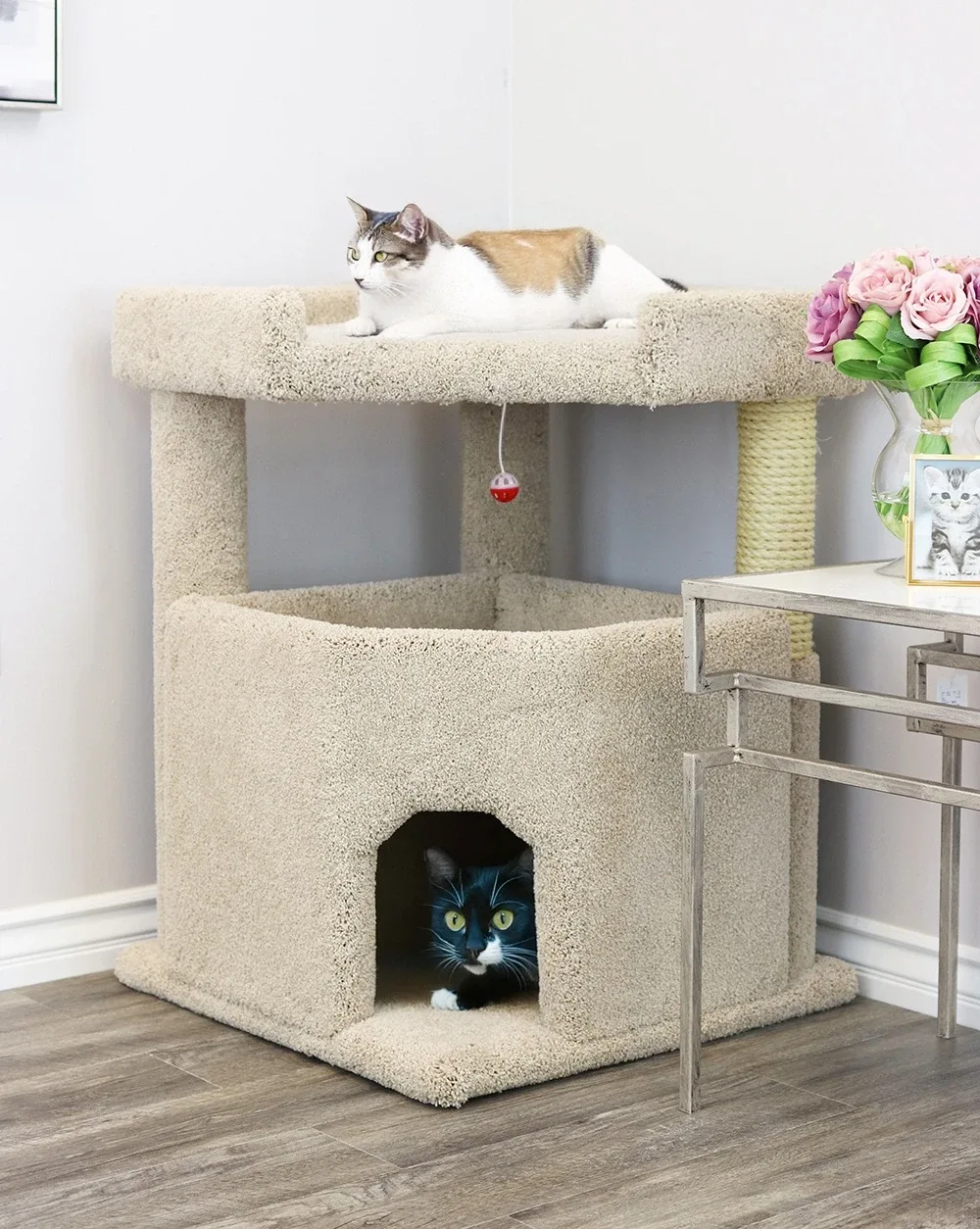 Corner Cat Tree House for Large Cats – Solid Wood Condo Mansion (Fully Assembled)