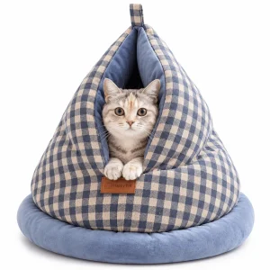 Cozy Gingham Cat Cave Bed – Plush-Lined Hideaway