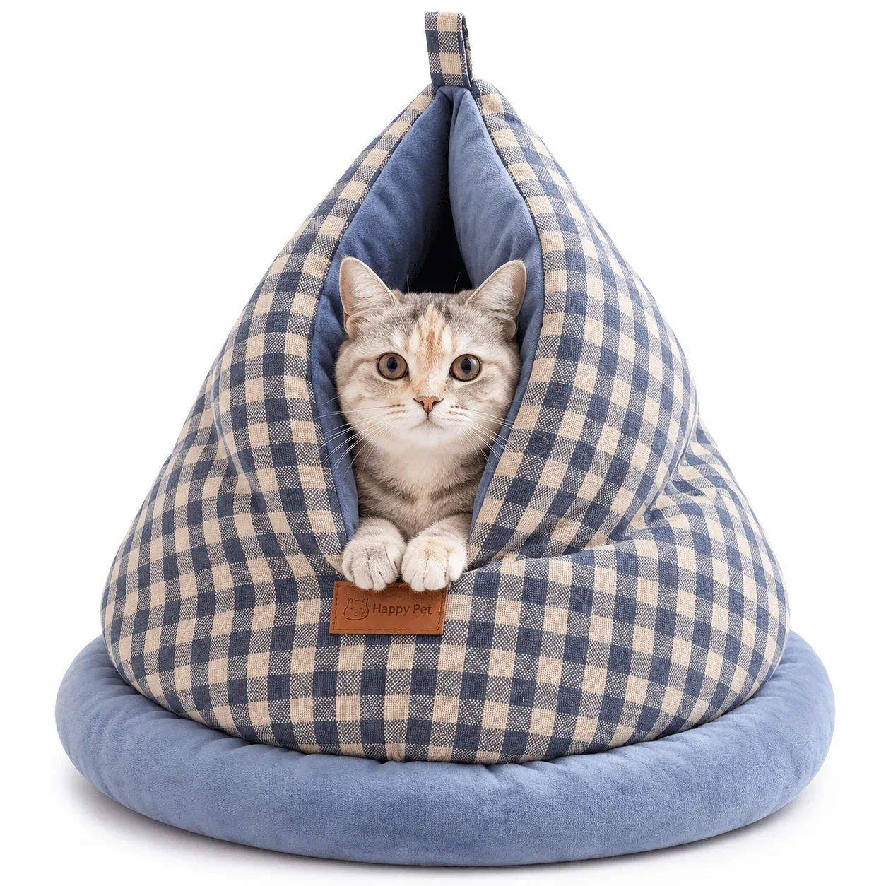 Cozy Gingham Cat Cave Bed – Plush-Lined Hideaway