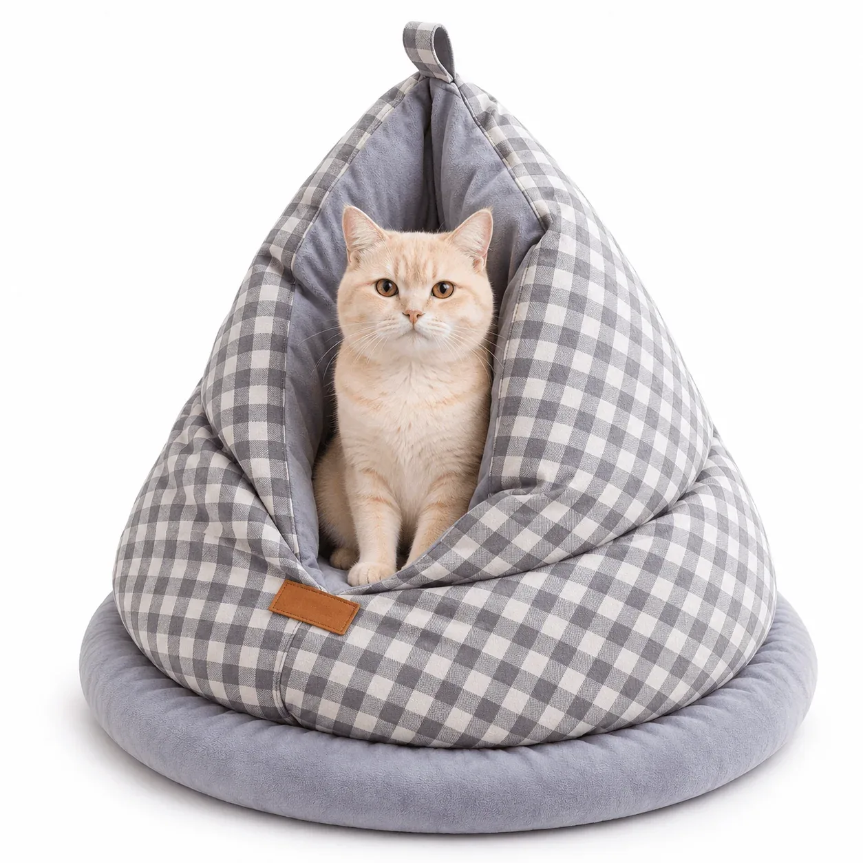 Cozy Gingham Cat Cave Bed – Plush-Lined Hideaway - Image 2