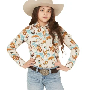 Cruel Denim Girl's Cream Print Western Pearl Snap Long Sleeve